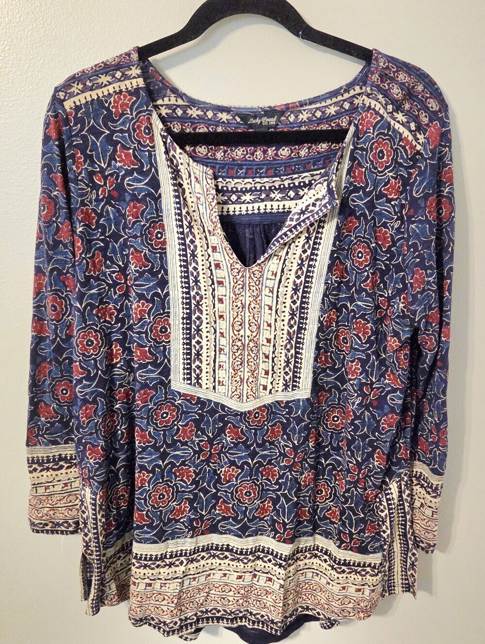 Lucky Brand Women's 100% Cotton Boho Blue Floral Batik Tunic Peasant Blouse XL